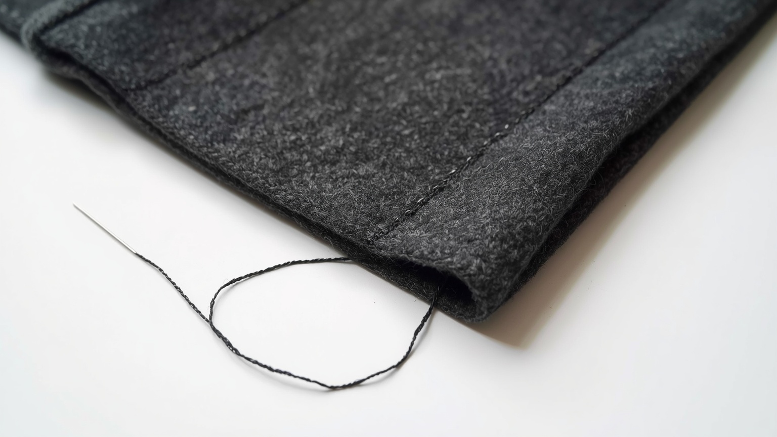 Needle and thread mid-stitch along a wool coat seam