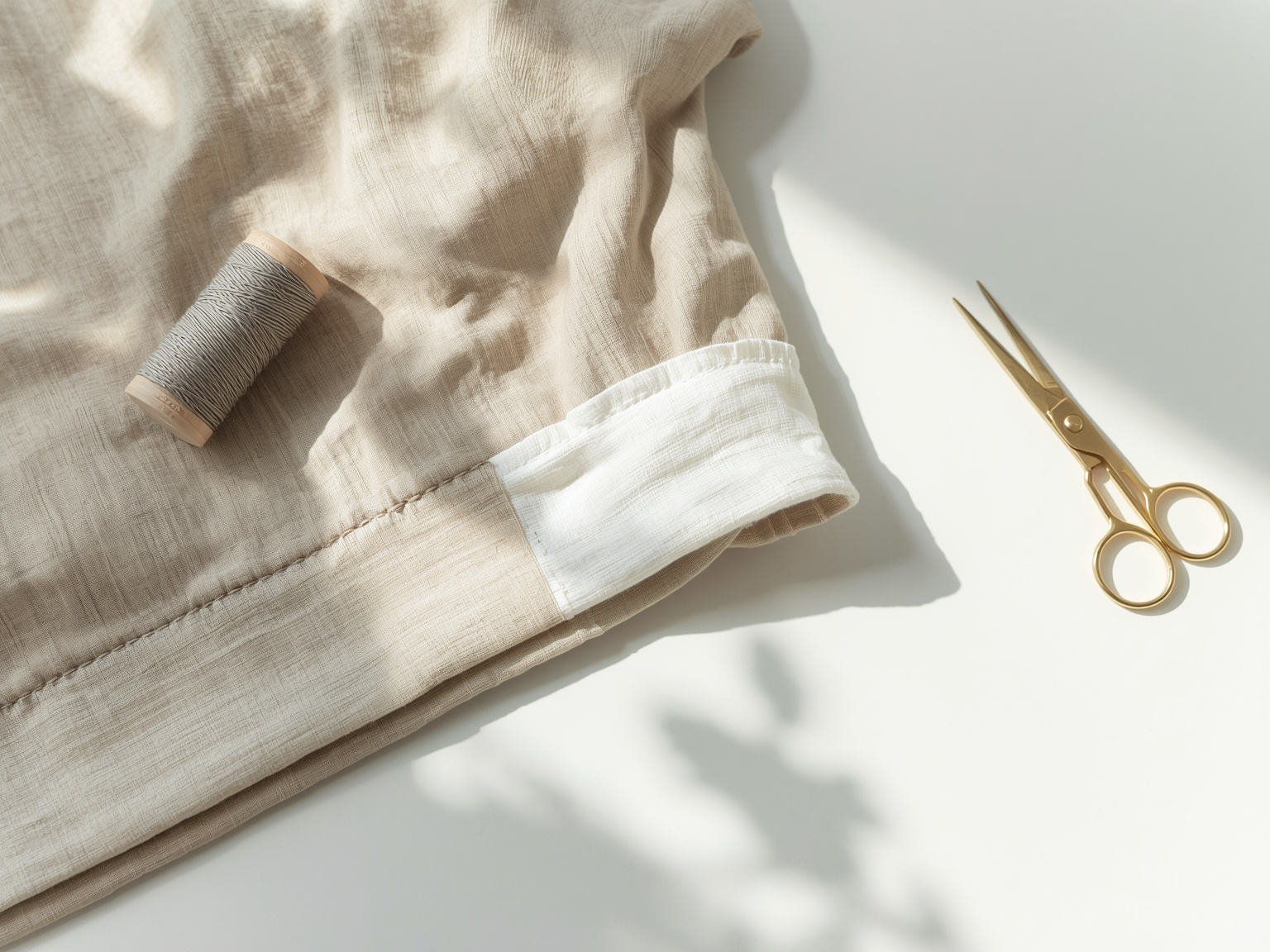 A worn hem neatly re-stitched, with thread and small scissors