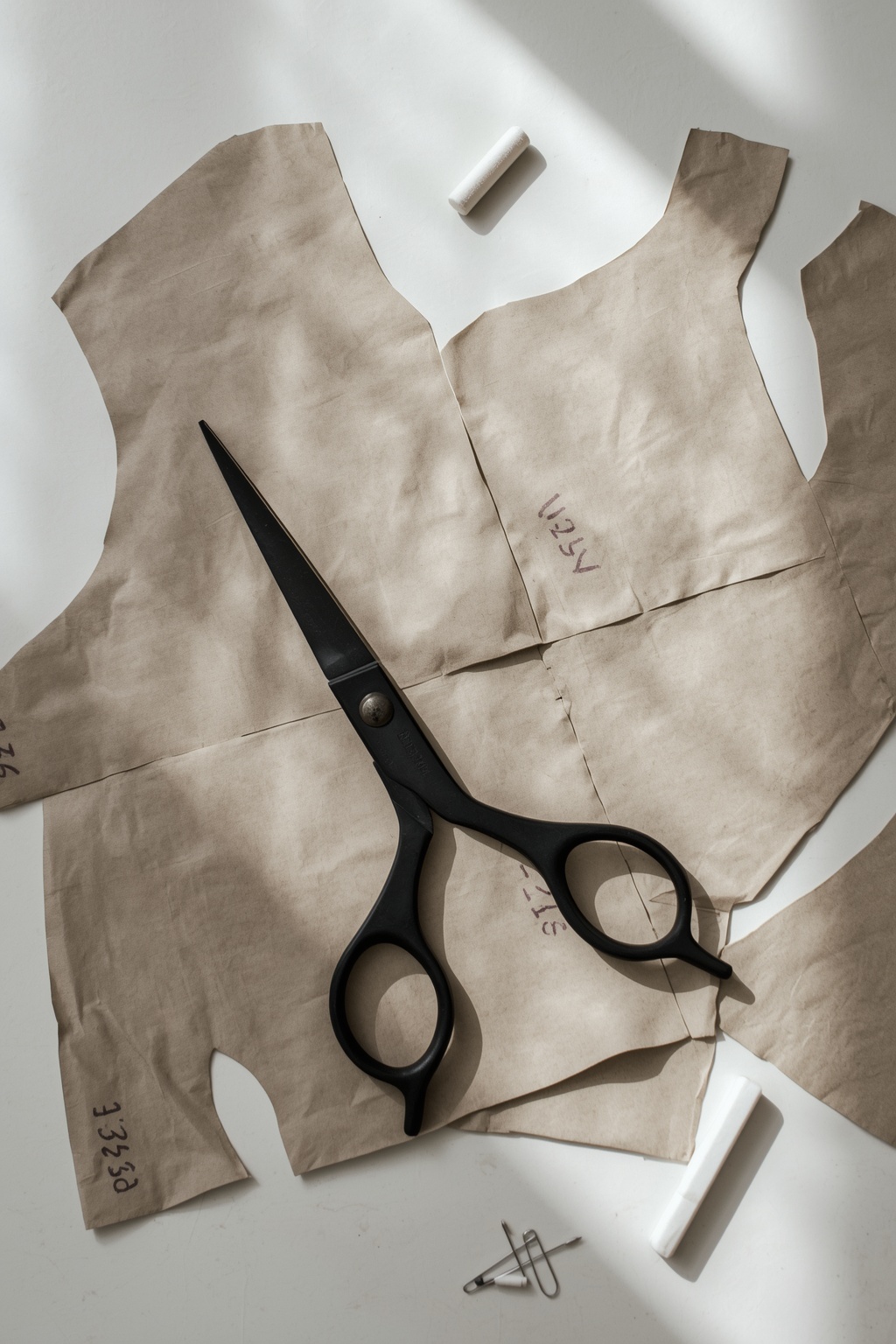 Tailor's shears resting on paper pattern pieces
