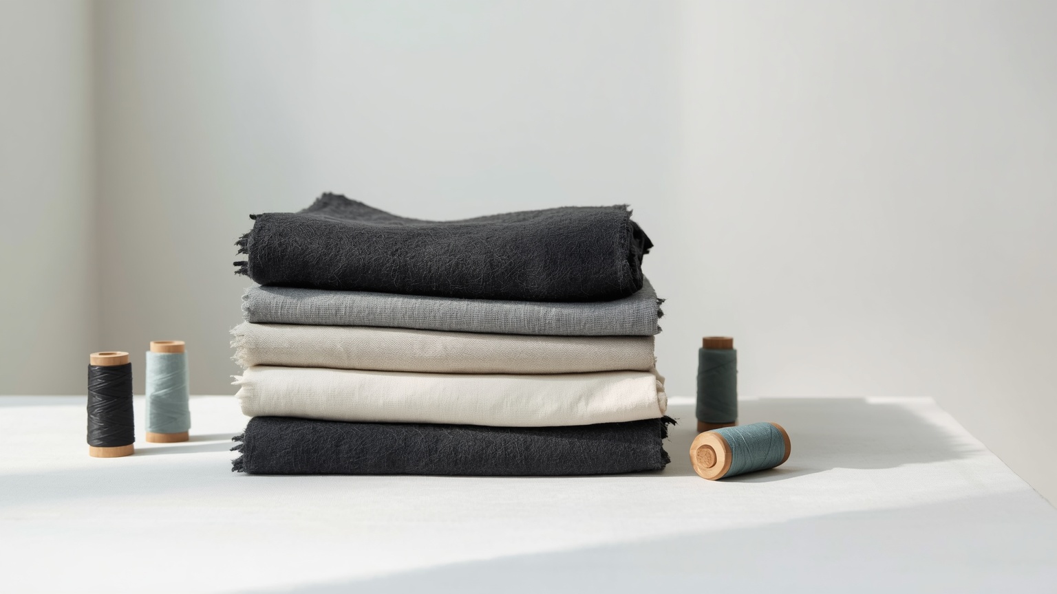 Folded wool and linen fabrics stacked with spools of thread