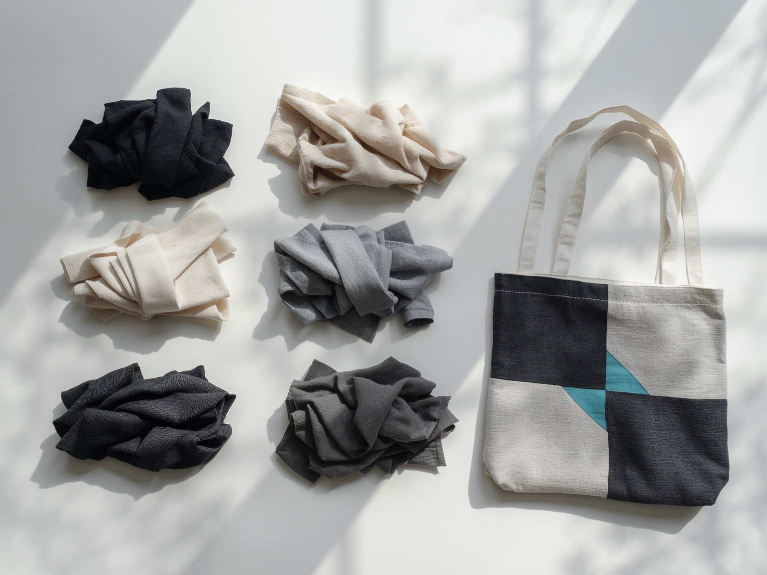 Fabric offcuts sorted by colour beside a patchwork bag