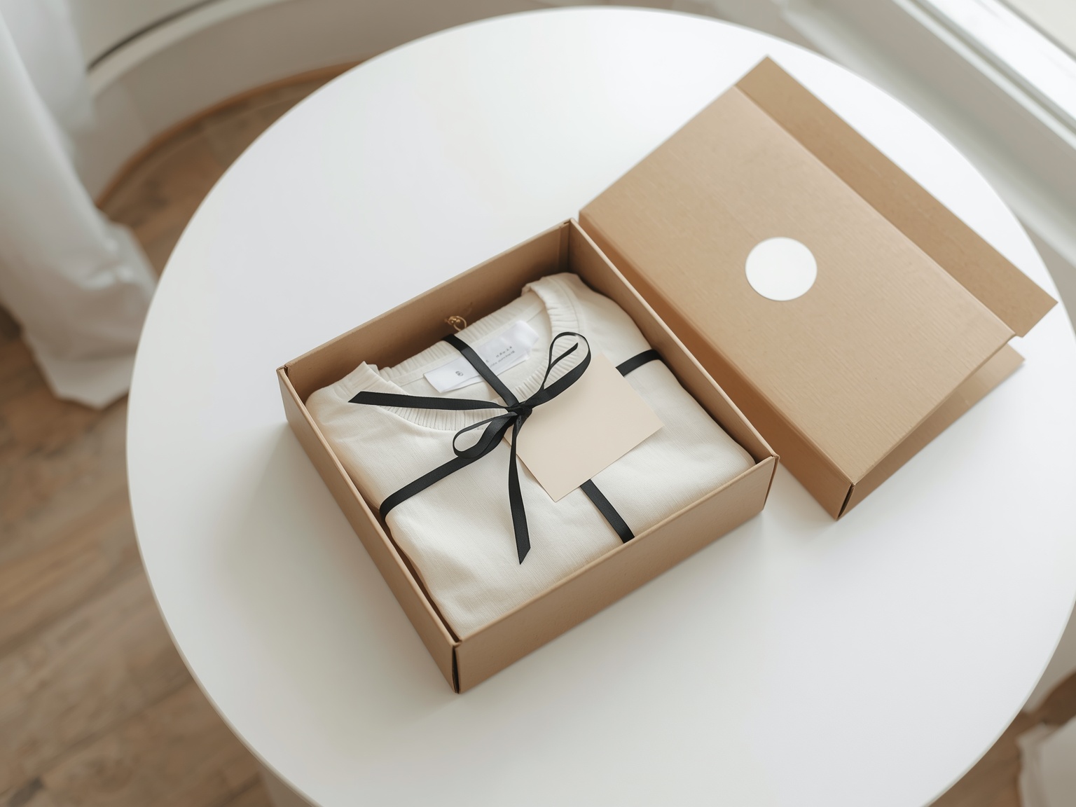 Brown cardboard box with a paper-wrapped garment tied with ribbon